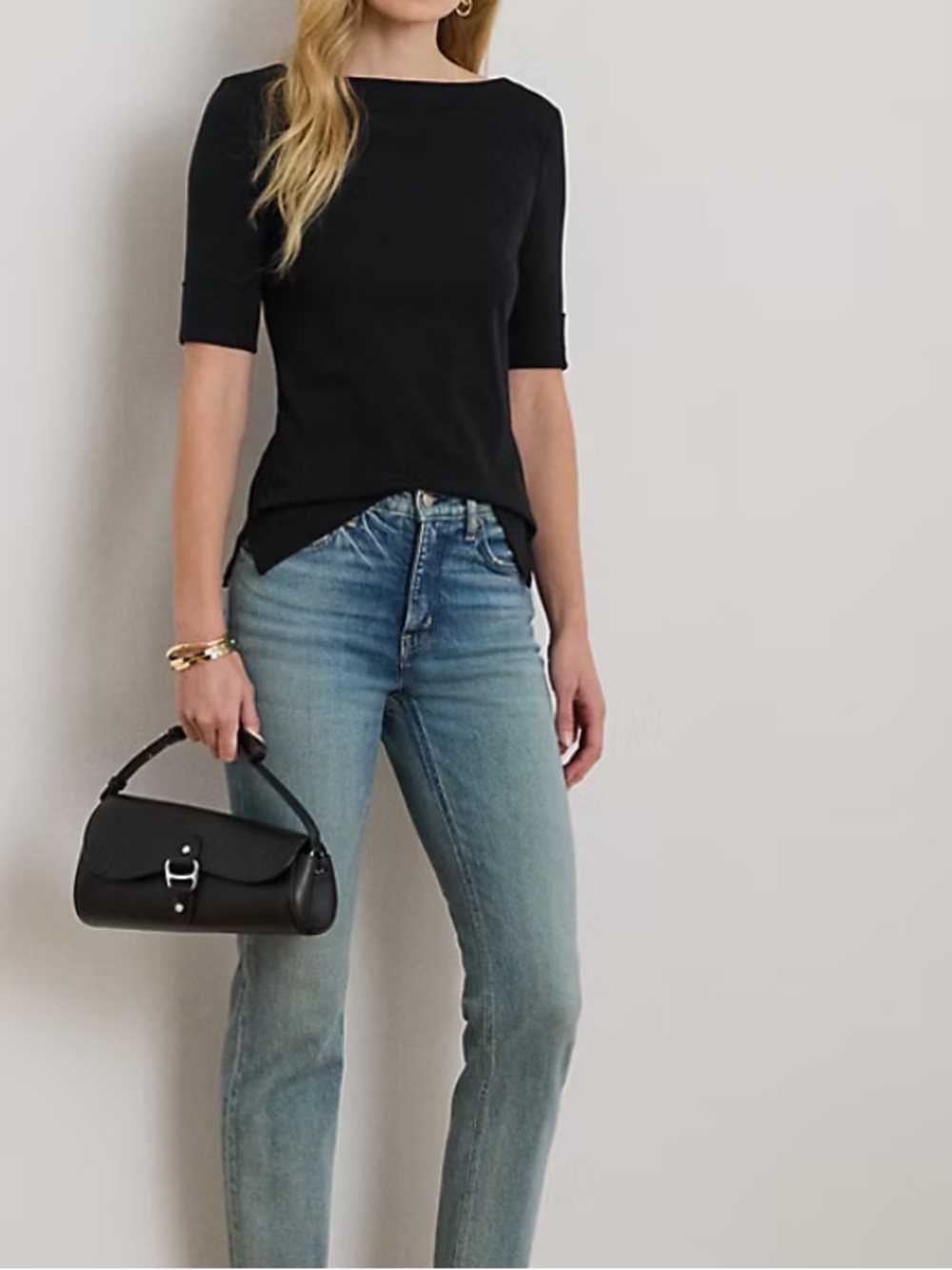 Lauren Ralph Lauren Black Boatneck Elbow-Sleeve Top